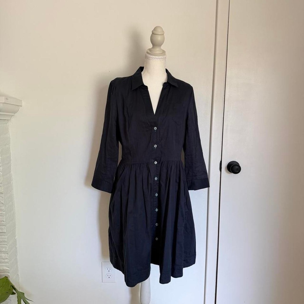 Moulinette Soeurs Anthropologie Navy Blue Cotton Button Front Shirt Dress 12